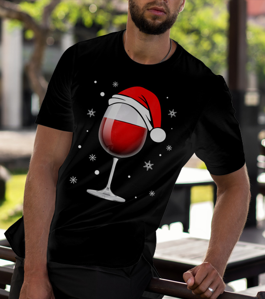 Santa Hat Wine Glass Funny Christmas Holid Snowflakes T-Shirt