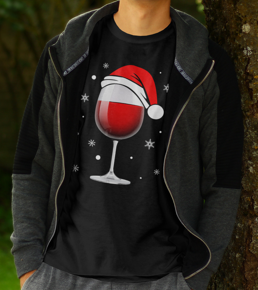 Santa Hat Wine Glass Funny Christmas Holid Snowflakes T-Shirt