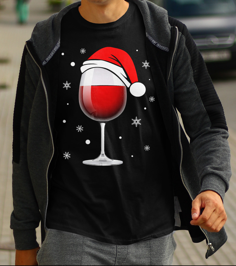 Santa Hat Wine Glass Funny Christmas Holid Snowflakes T-Shirt