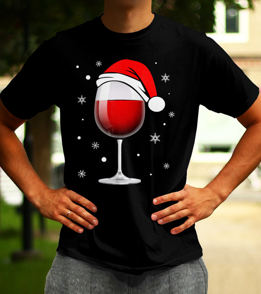 Santa Hat Wine Glass Funny Christmas Holid Snowflakes T-Shirt
