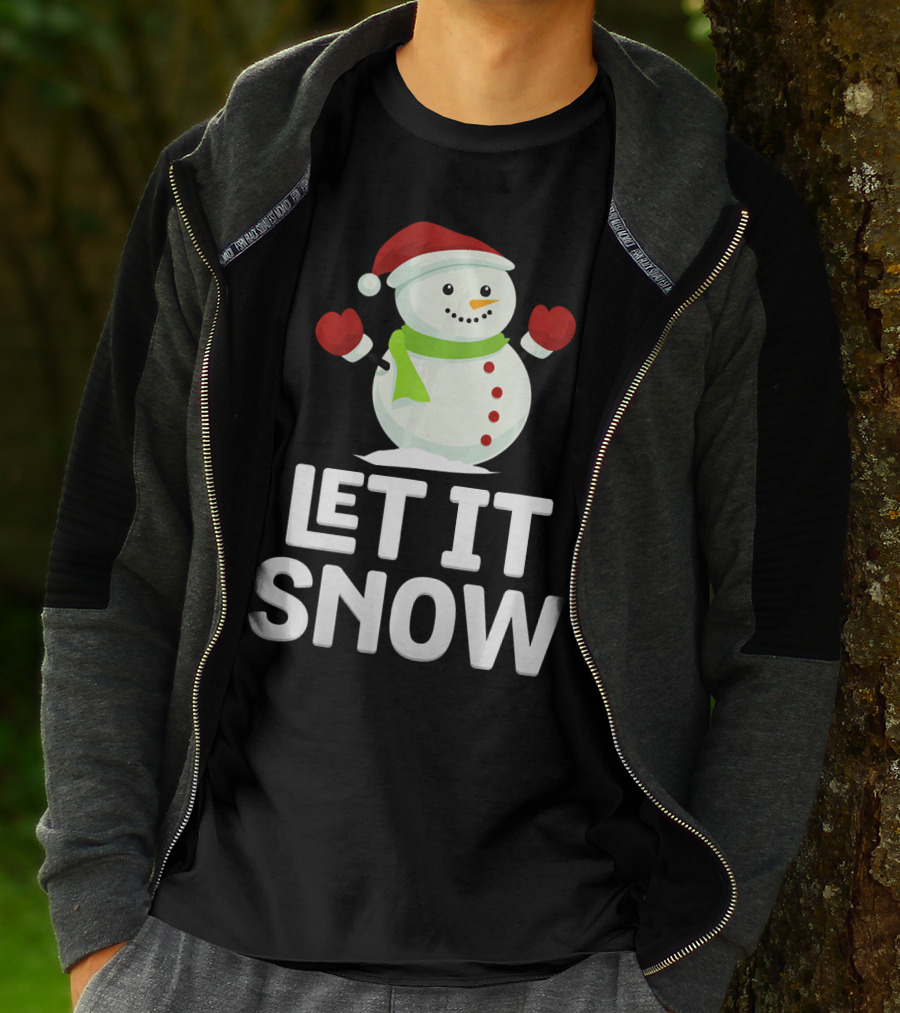 Let It Snow Snowman With Santa Hat And Snowflakes T-Shirt