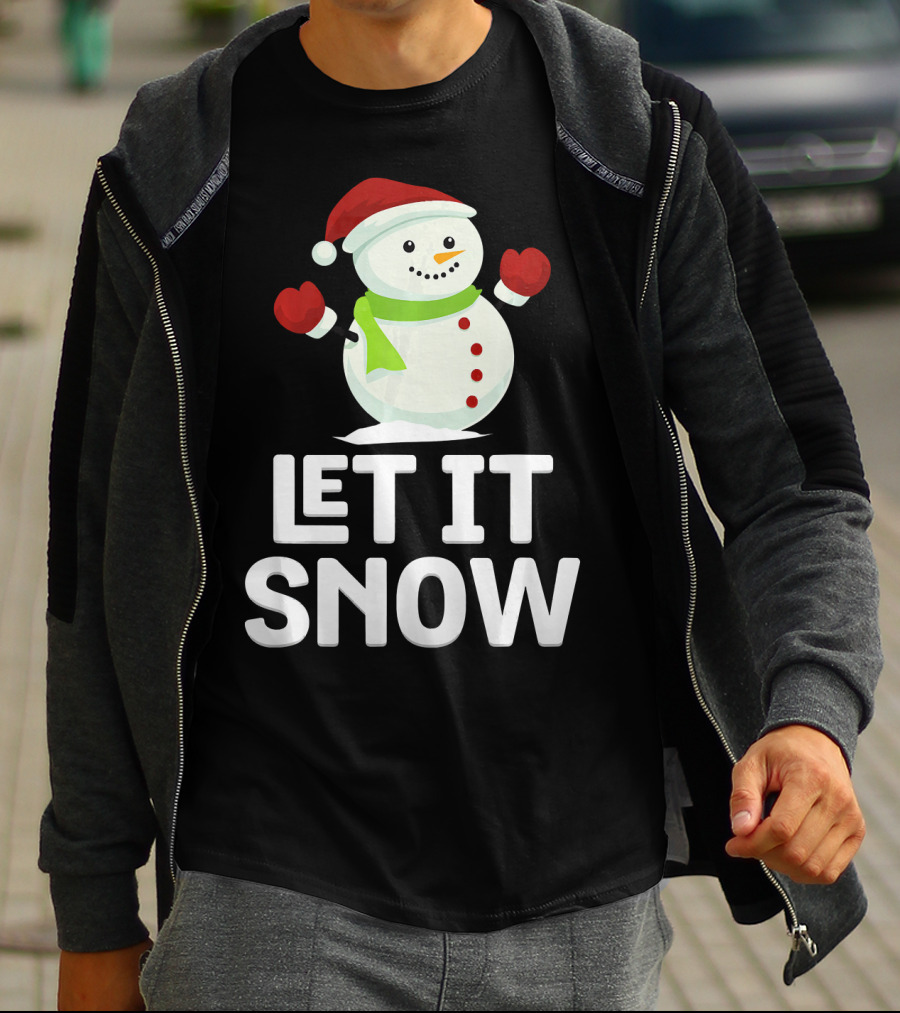 Let It Snow Snowman With Santa Hat And Snowflakes T-Shirt