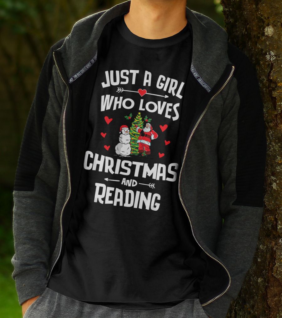 Just A Girl Who Loves Christmas Santa Snowman Tree Hearts Reading T-Shirt
