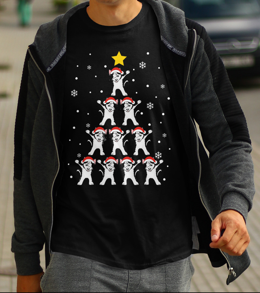 Dabbing Huskies Christmas Xmas Dab Santa Hat Snowflakes Tree Star T-Shirt