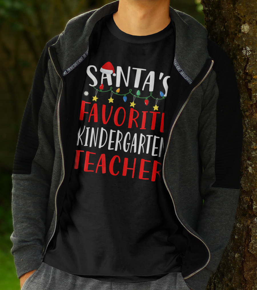 Santa's Favorite Kindergarten Teacher Christmas Lights And Hat T-Shirt
