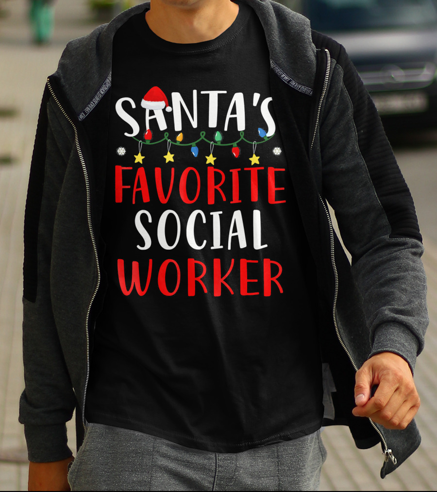 Santa's Favorite Social Worker Christmas Lights Festive Snowflakes Stars T-Shirt