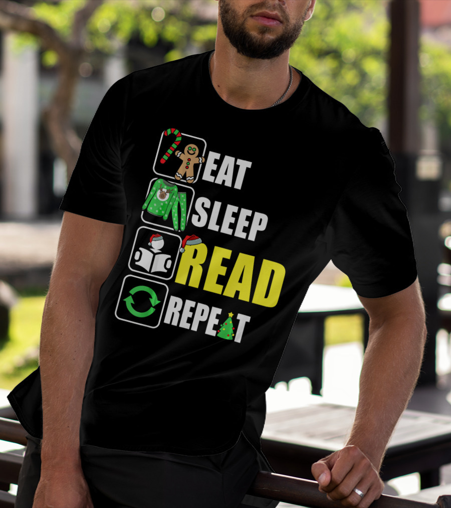 Eat Sleep Read Repeat Christmas Gingerbread Candy Cane Sweater Book Tree T-Shirt