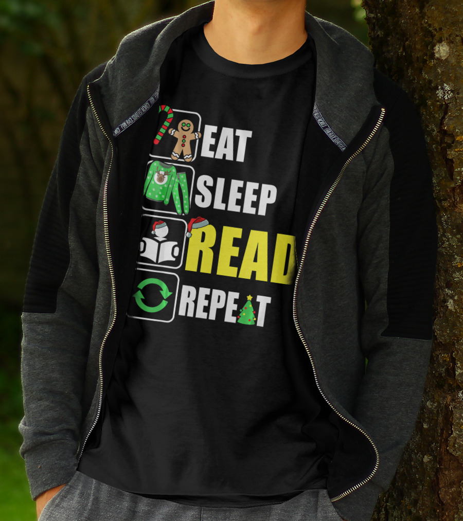Eat Sleep Read Repeat Christmas Gingerbread Candy Cane Sweater Book Tree T-Shirt