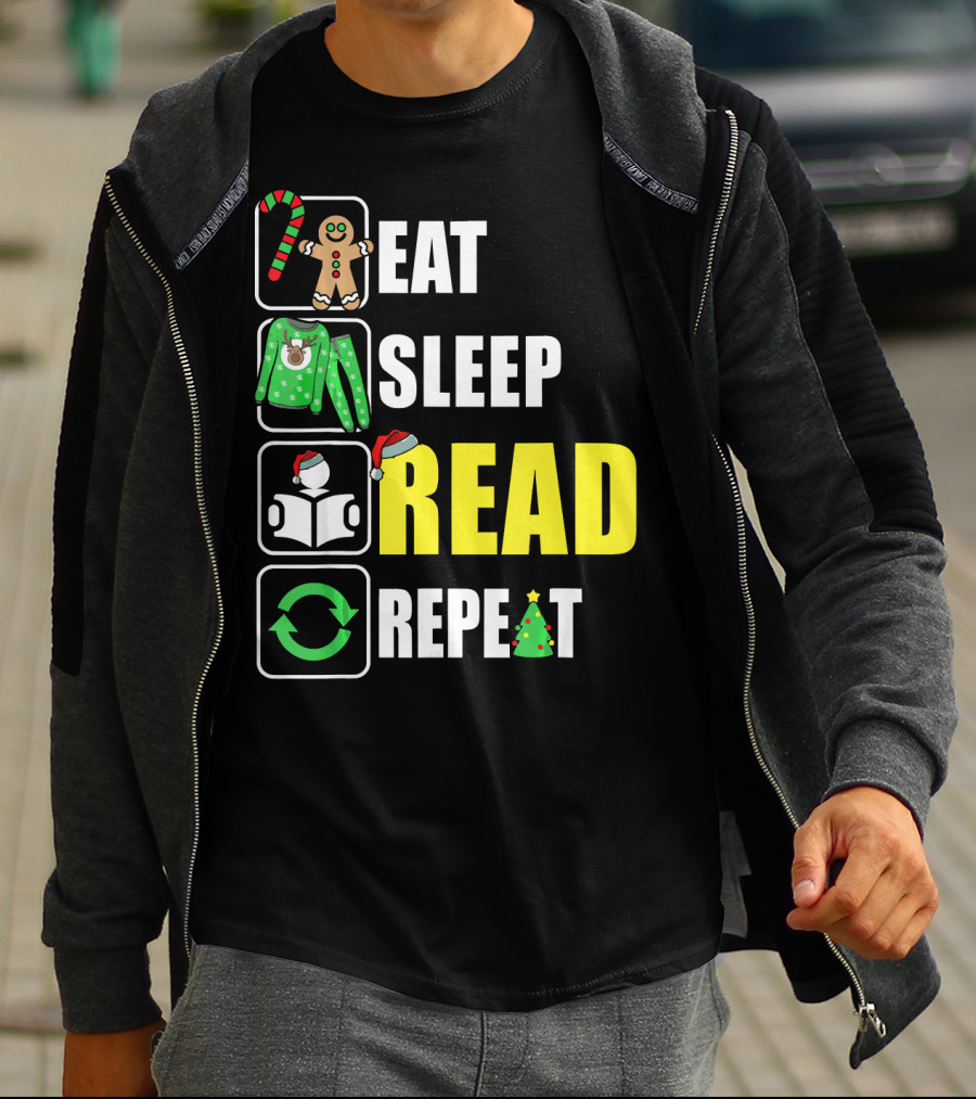 Eat Sleep Read Repeat Christmas Gingerbread Candy Cane Sweater Book Tree T-Shirt