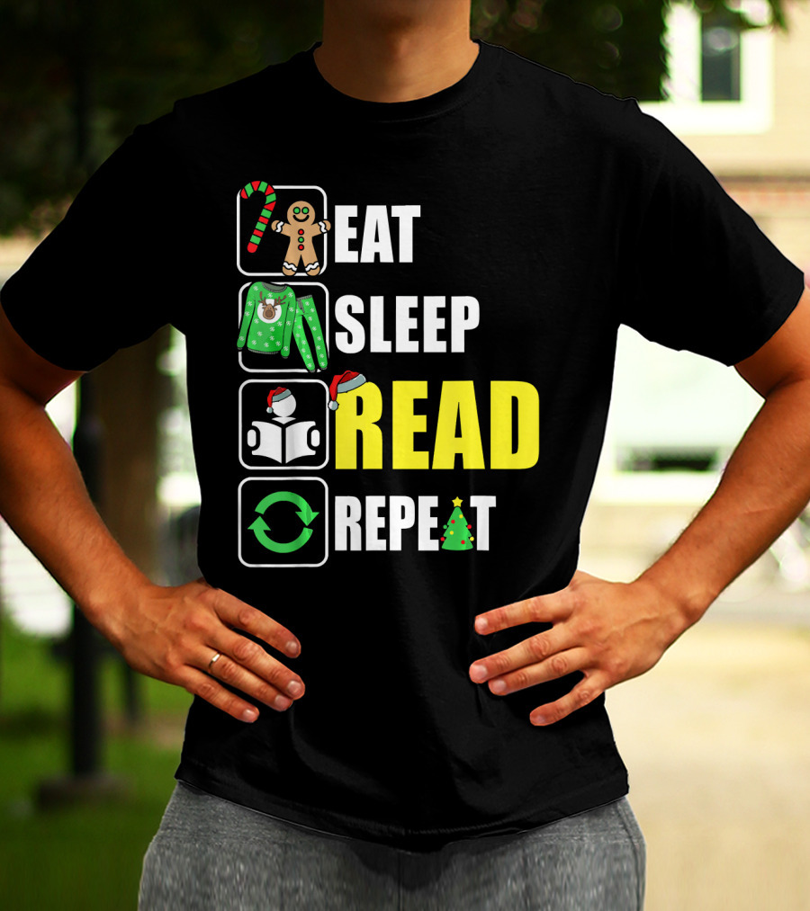 Eat Sleep Read Repeat Christmas Gingerbread Candy Cane Sweater Book Tree T-Shirt