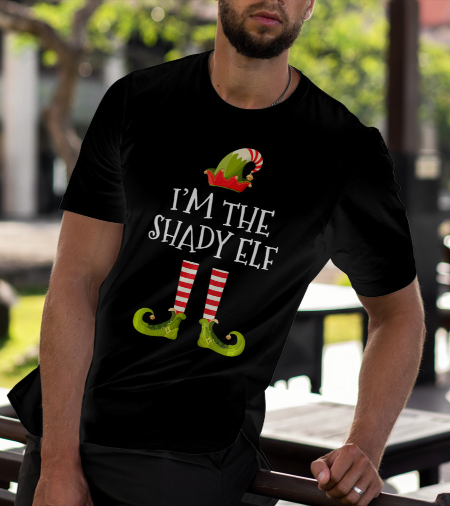 I'm The Shady Elf Christmas Costume Striped Socks Festive Hat Green Shoes T-Shirt