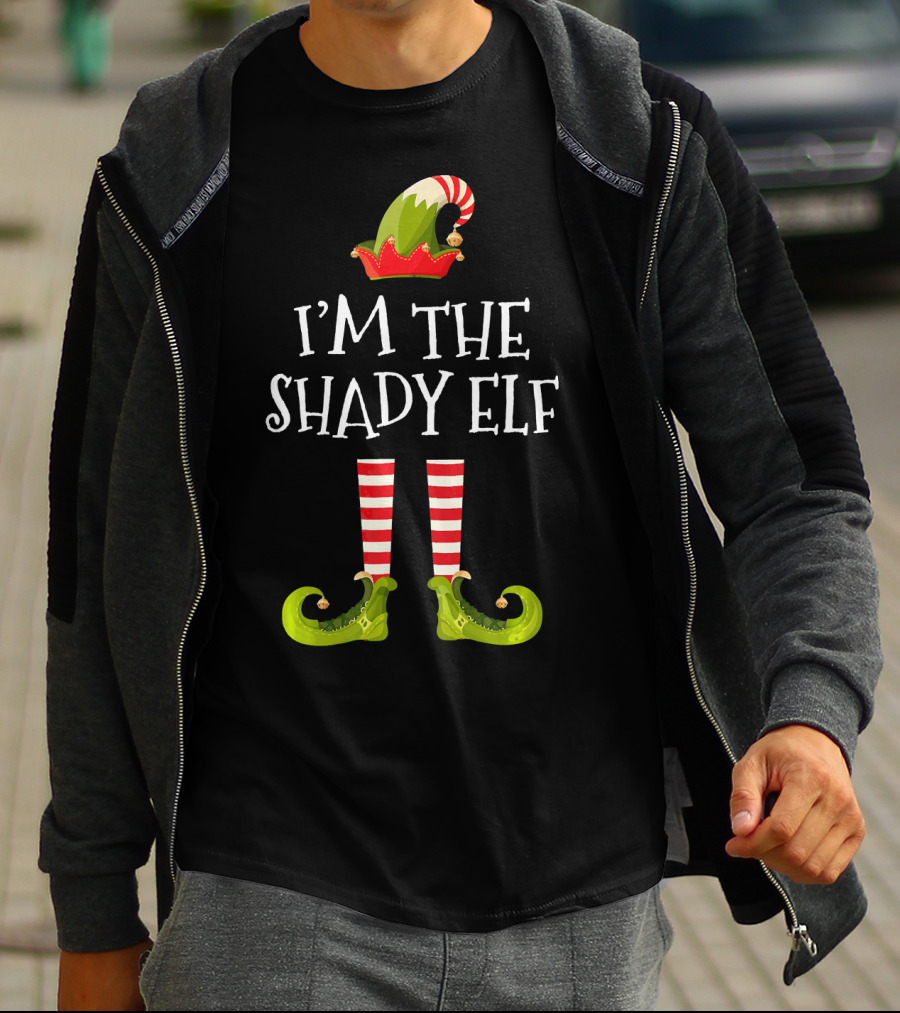 I'm The Shady Elf Christmas Costume Striped Socks Festive Hat Green Shoes T-Shirt