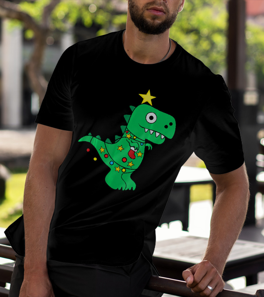 Christmas Dinosaur Rex With Star And Lights T-Shirt