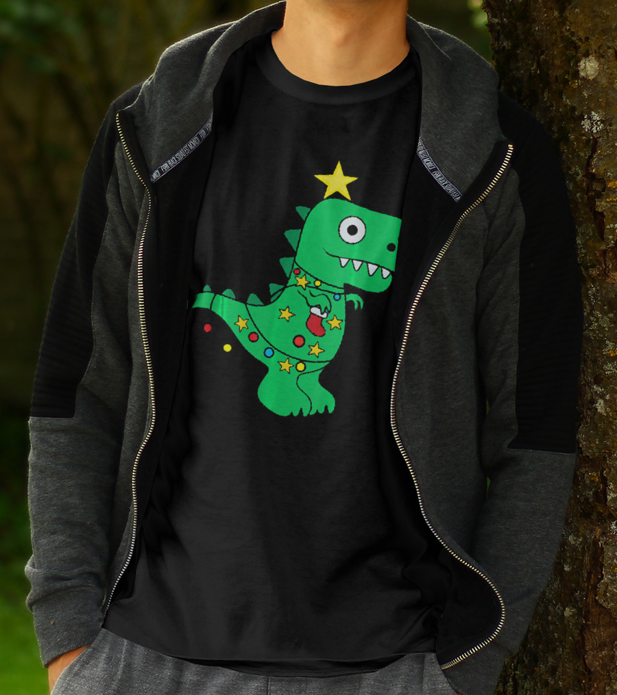 Christmas Dinosaur Rex With Star And Lights T-Shirt