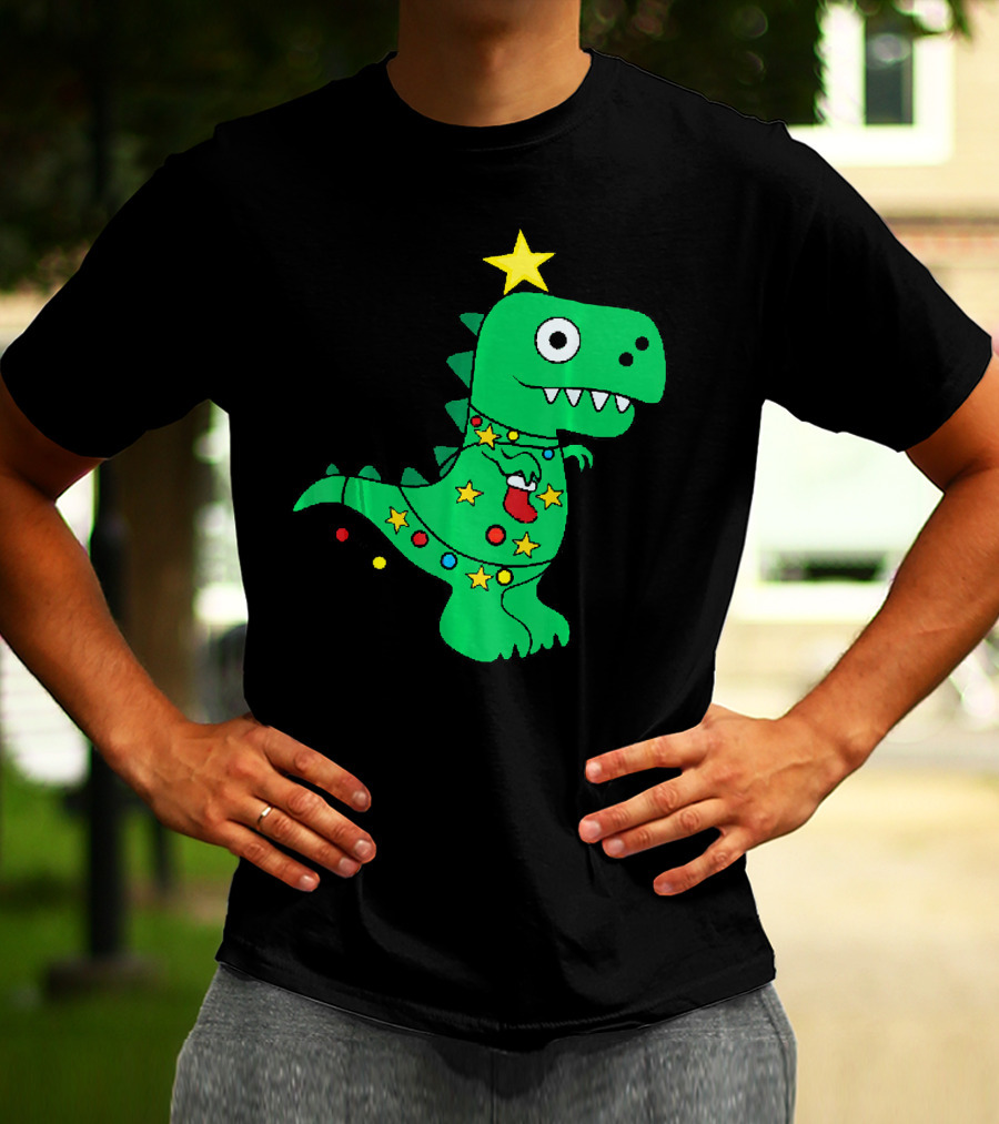 Christmas Dinosaur Rex With Star And Lights T-Shirt