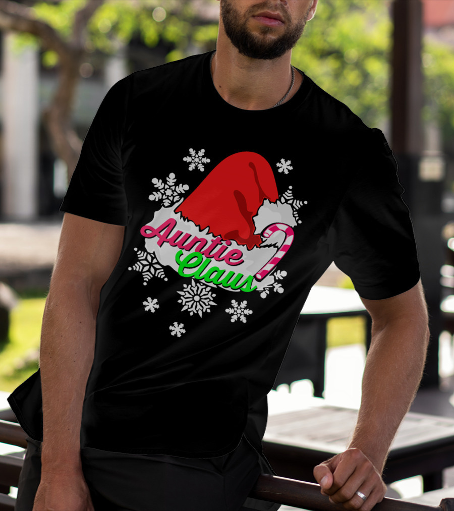 Auntie Claus Christmas Candy Cane Snowflakes Santa Hat T-Shirt
