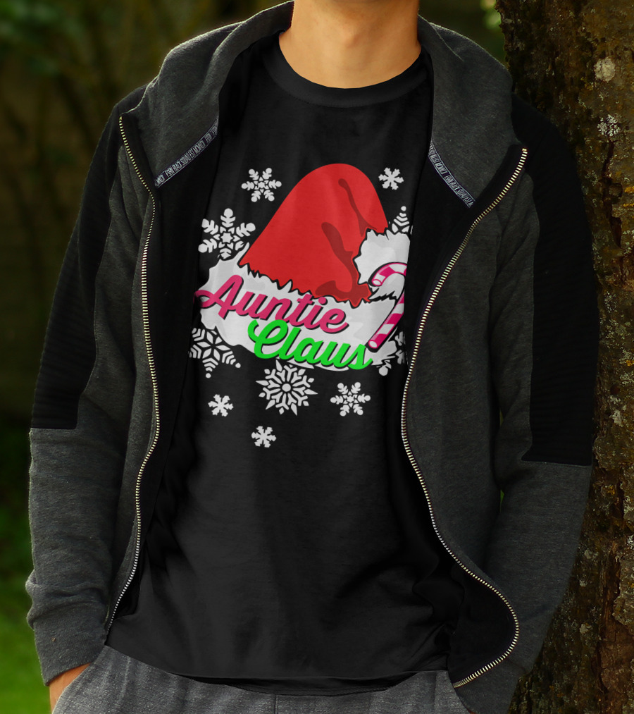 Auntie Claus Christmas Candy Cane Snowflakes Santa Hat T-Shirt