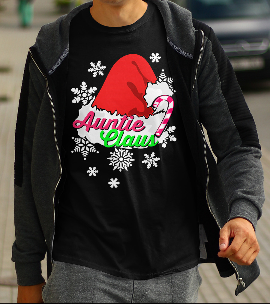 Auntie Claus Christmas Candy Cane Snowflakes Santa Hat T-Shirt