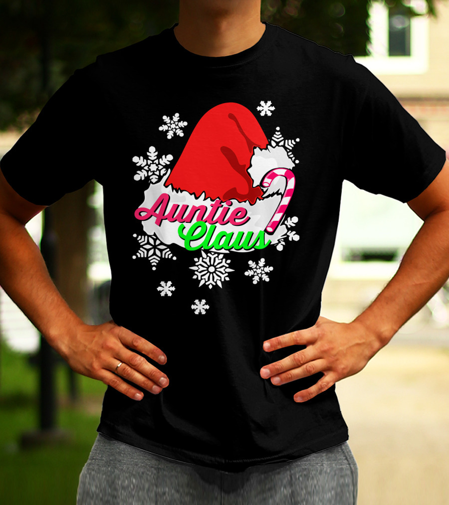 Auntie Claus Christmas Candy Cane Snowflakes Santa Hat T-Shirt