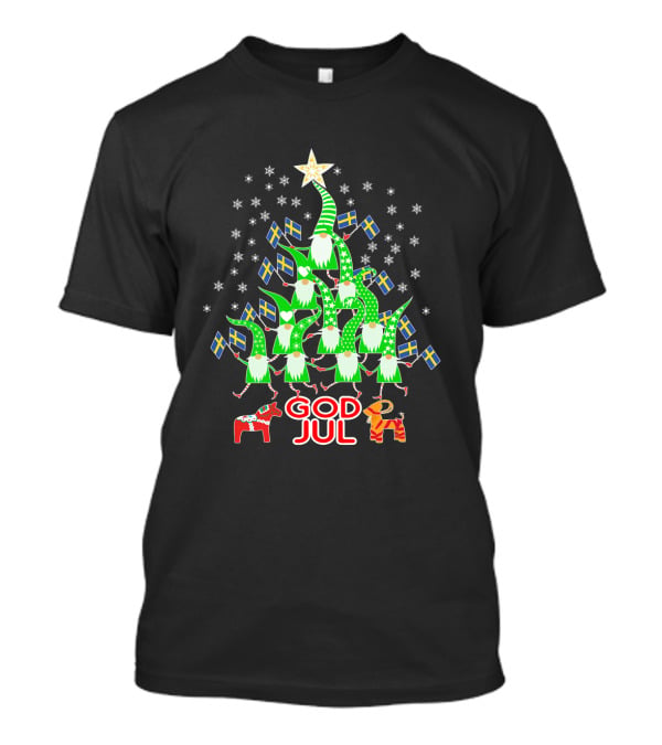 God Jul Christmas Tree Swedish Flags Tomte Nisse Dala Horse T-Shirt