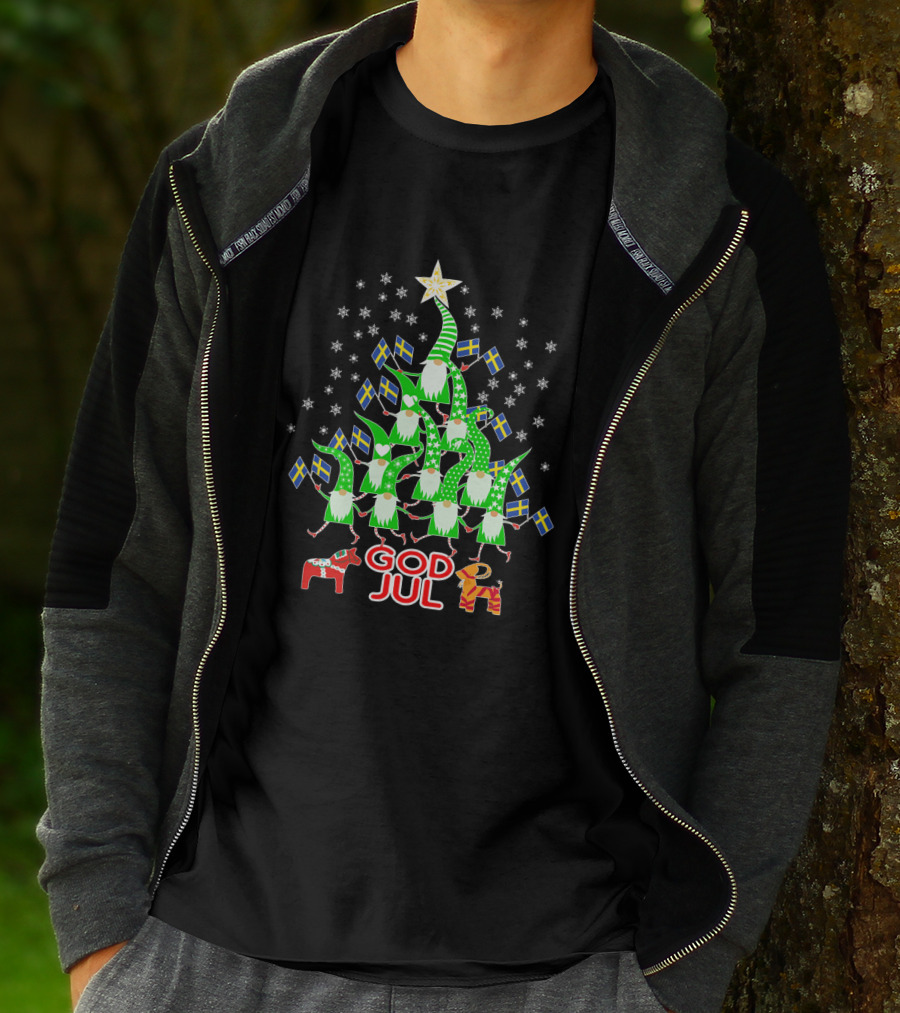God Jul Christmas Tree Swedish Flags Tomte Nisse Dala Horse T-Shirt