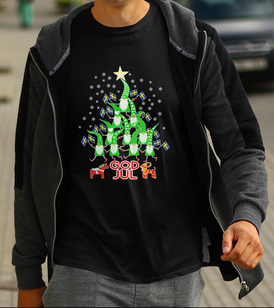 God Jul Christmas Tree Swedish Flags Tomte Nisse Dala Horse T-Shirt