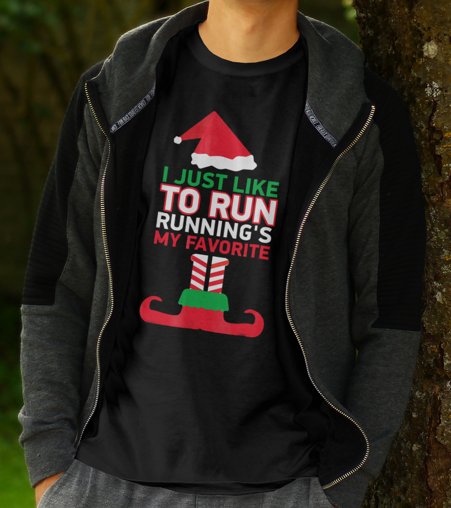 I Just Like To Run Running's My Favorite Santa Hat And Elf Shoes T-Shirt
