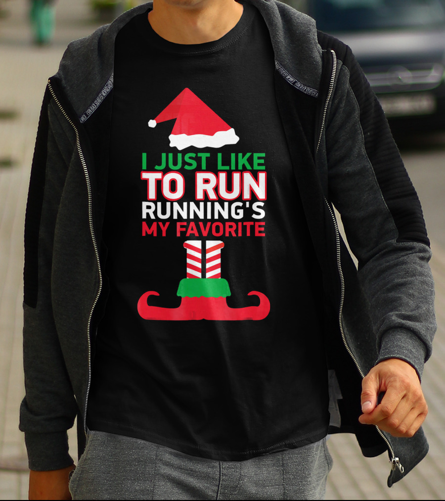 I Just Like To Run Running's My Favorite Santa Hat And Elf Shoes T-Shirt
