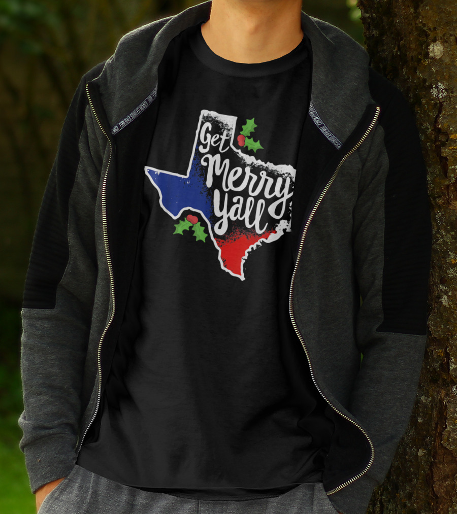 Get Merry Yall Texas State Outline Holly Berries Red White Blue T-Shirt