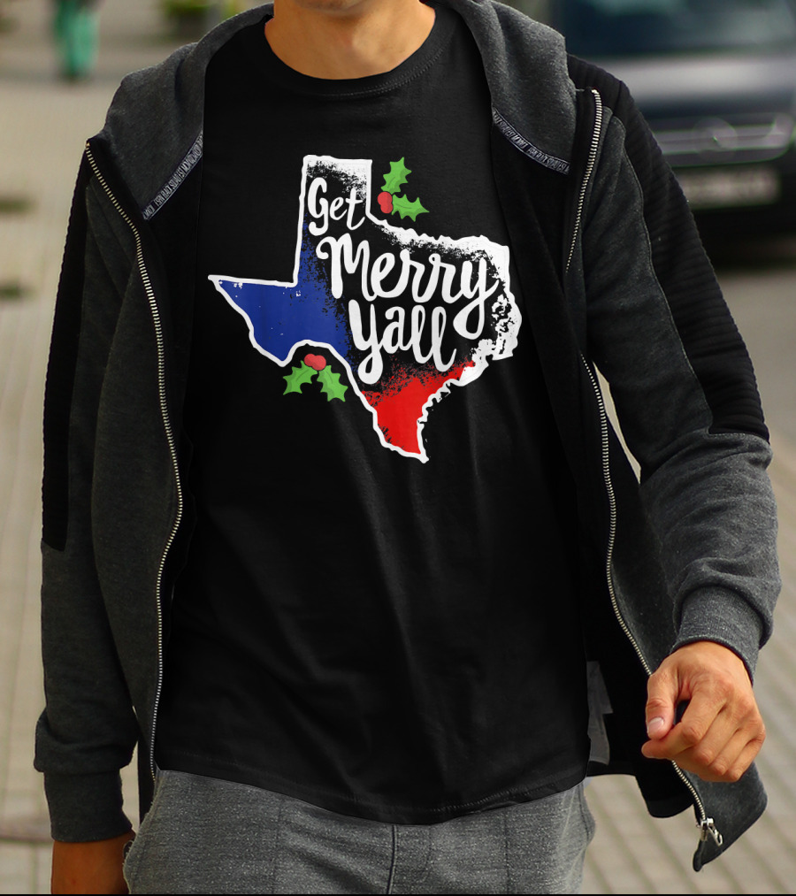 Get Merry Yall Texas State Outline Holly Berries Red White Blue T-Shirt