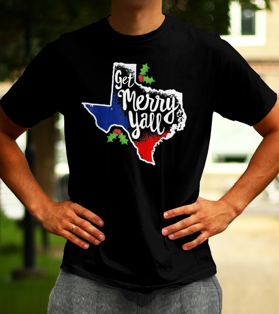 Get Merry Yall Texas State Outline Holly Berries Red White Blue T-Shirt