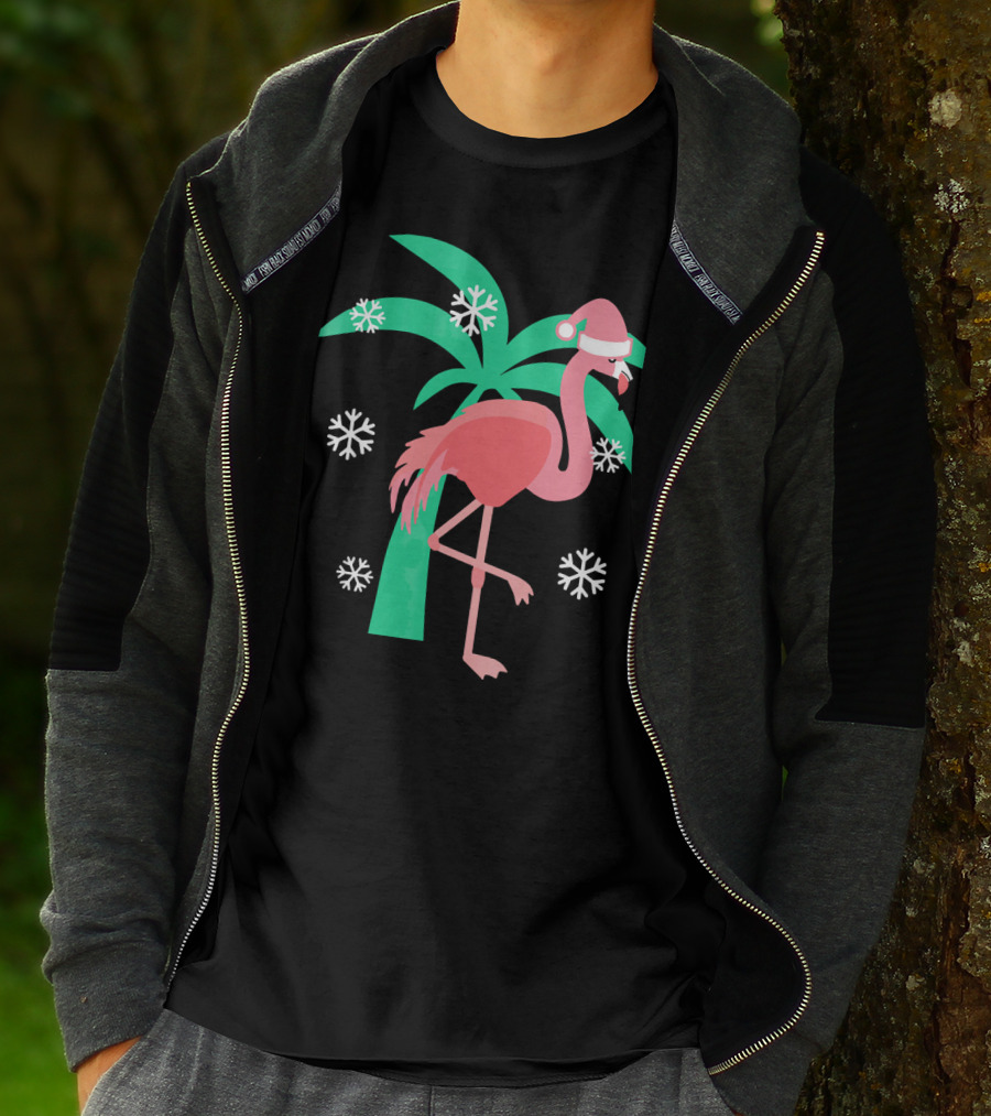Pink Flamingo With Santa Hat And Palm Tree Snowflakes Christmas T-Shirt