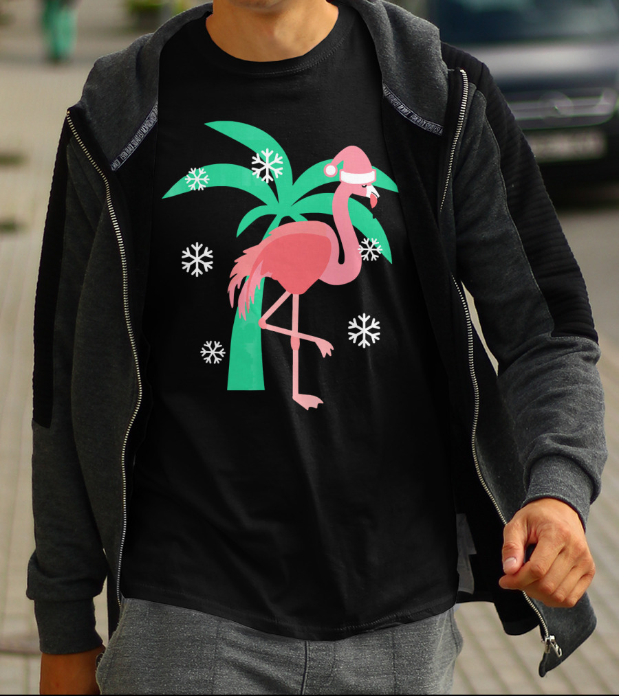 Pink Flamingo With Santa Hat And Palm Tree Snowflakes Christmas T-Shirt