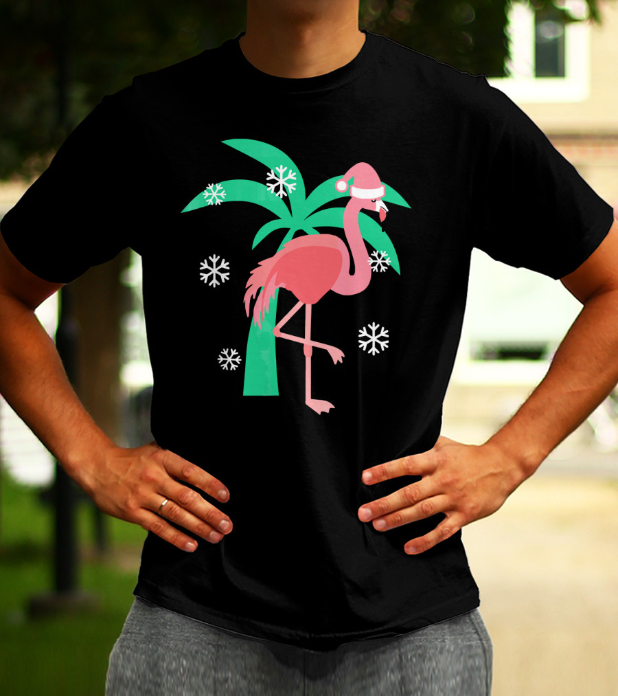 Pink Flamingo With Santa Hat And Palm Tree Snowflakes Christmas T-Shirt
