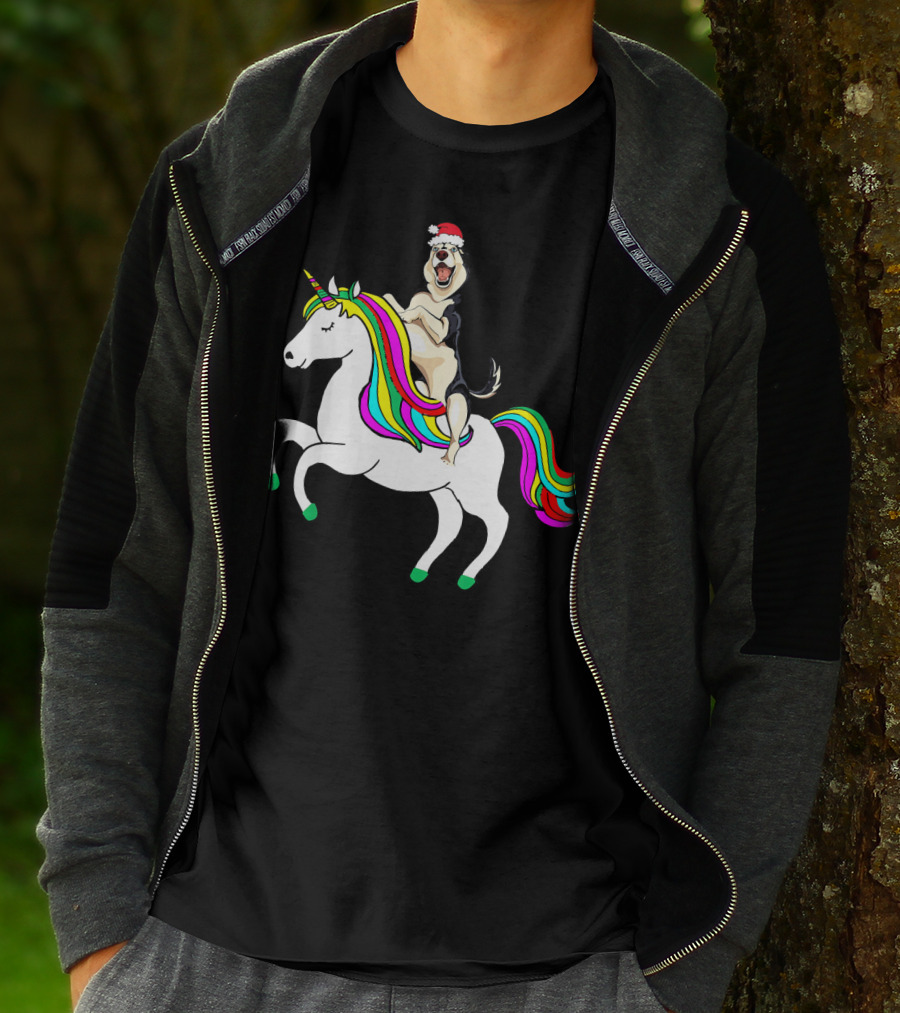 Pug Christmas Dog Riding Rainbow Unicorn T-Shirt