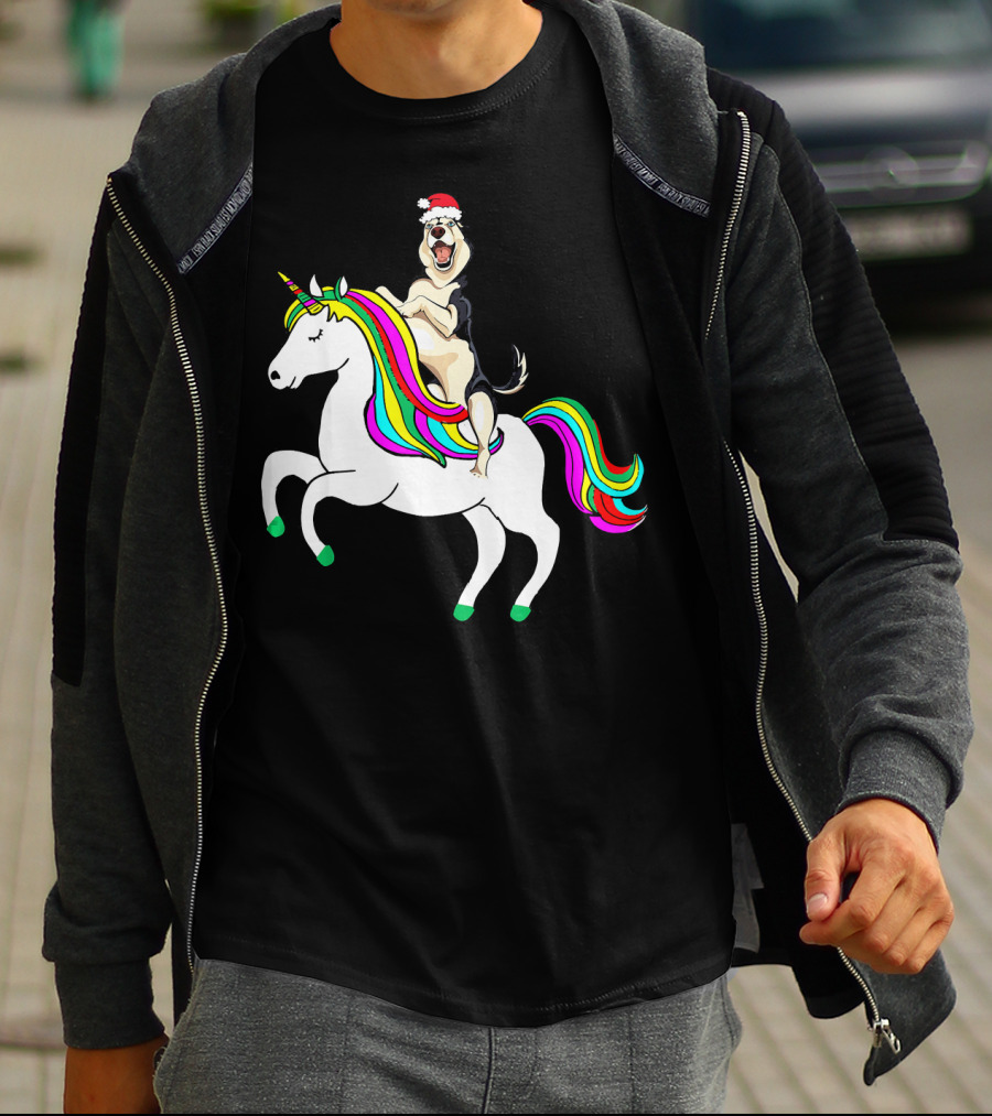 Pug Christmas Dog Riding Rainbow Unicorn T-Shirt