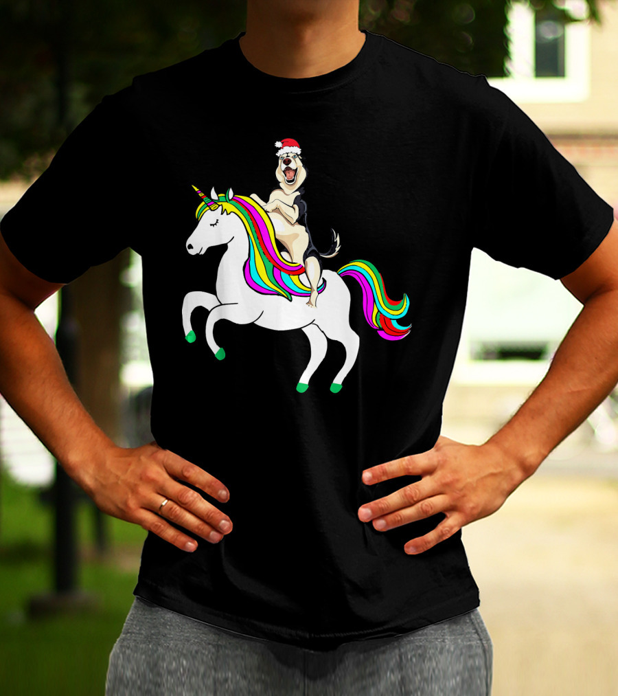 Pug Christmas Dog Riding Rainbow Unicorn T-Shirt