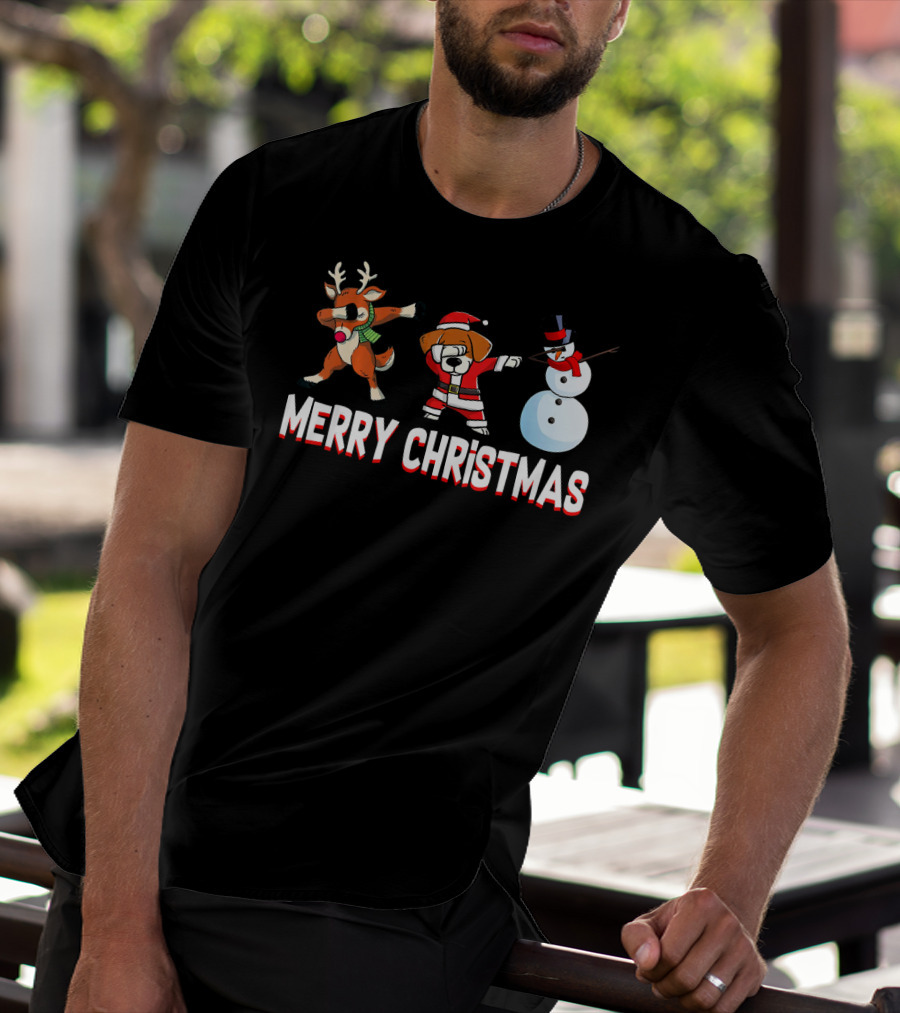 Merry Christmas Reindeer Santa Dog And Snowman T-Shirt