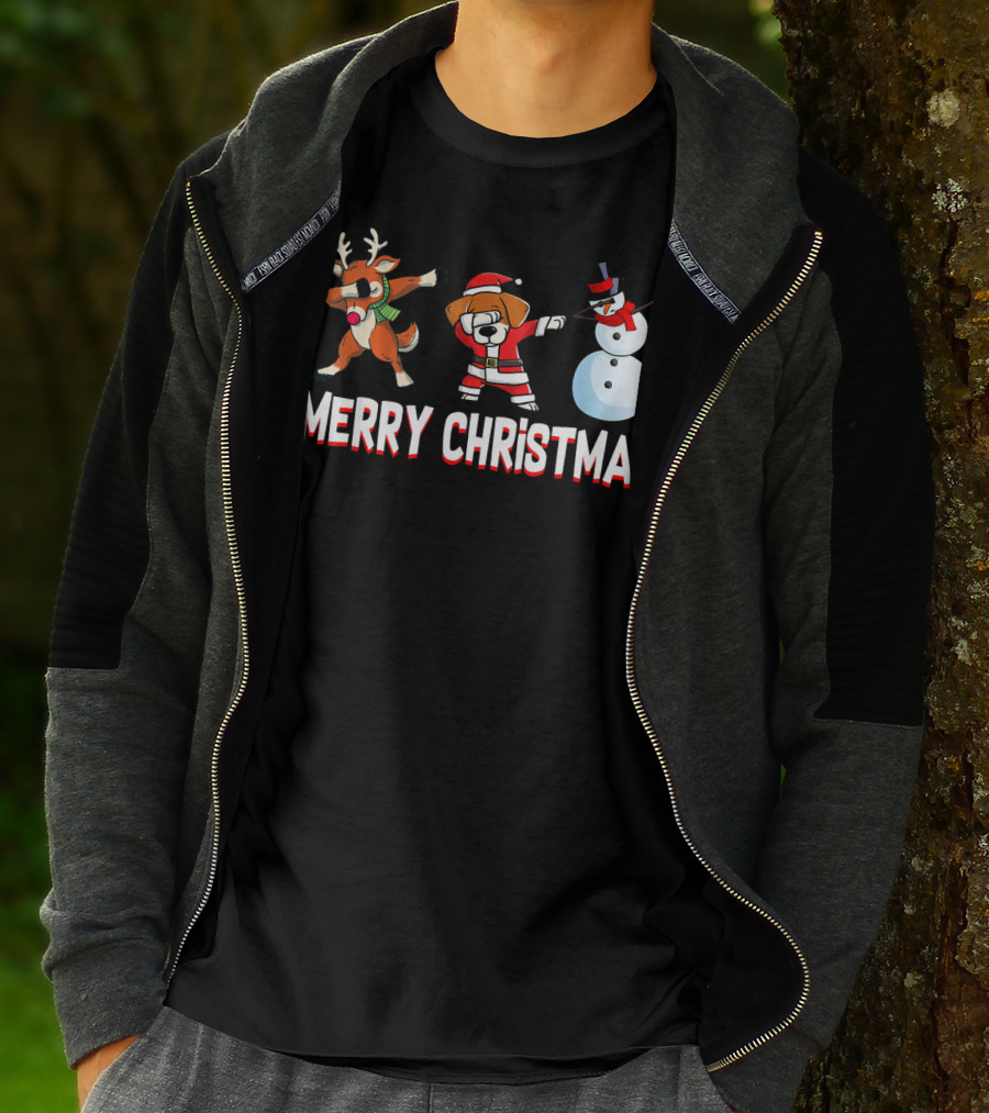 Merry Christmas Reindeer Santa Dog And Snowman T-Shirt