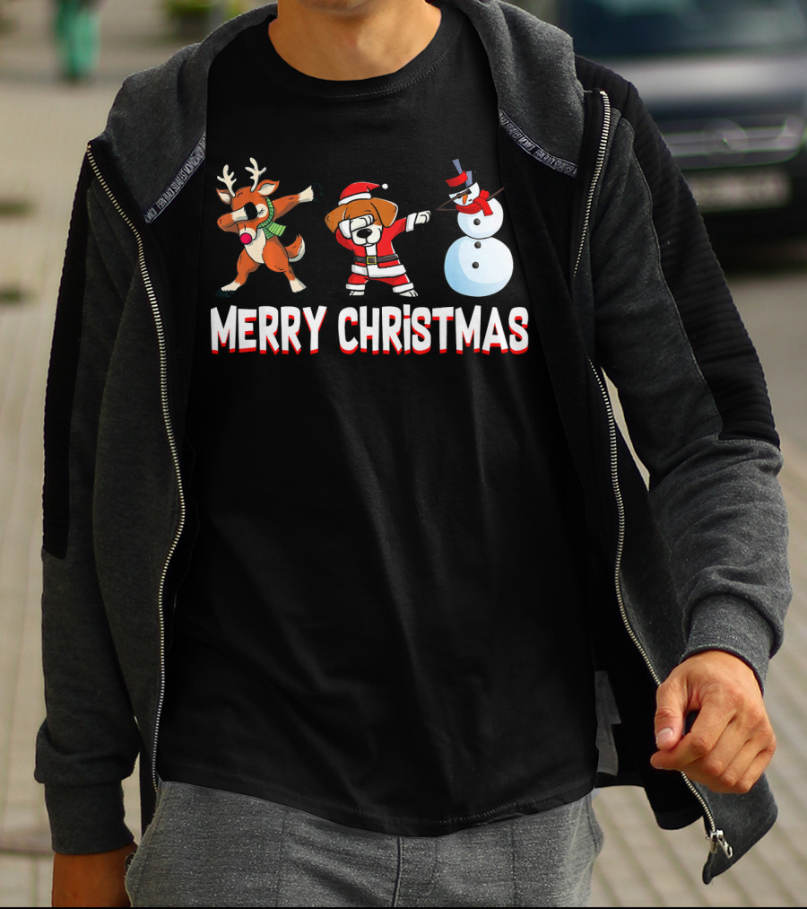 Merry Christmas Reindeer Santa Dog And Snowman T-Shirt
