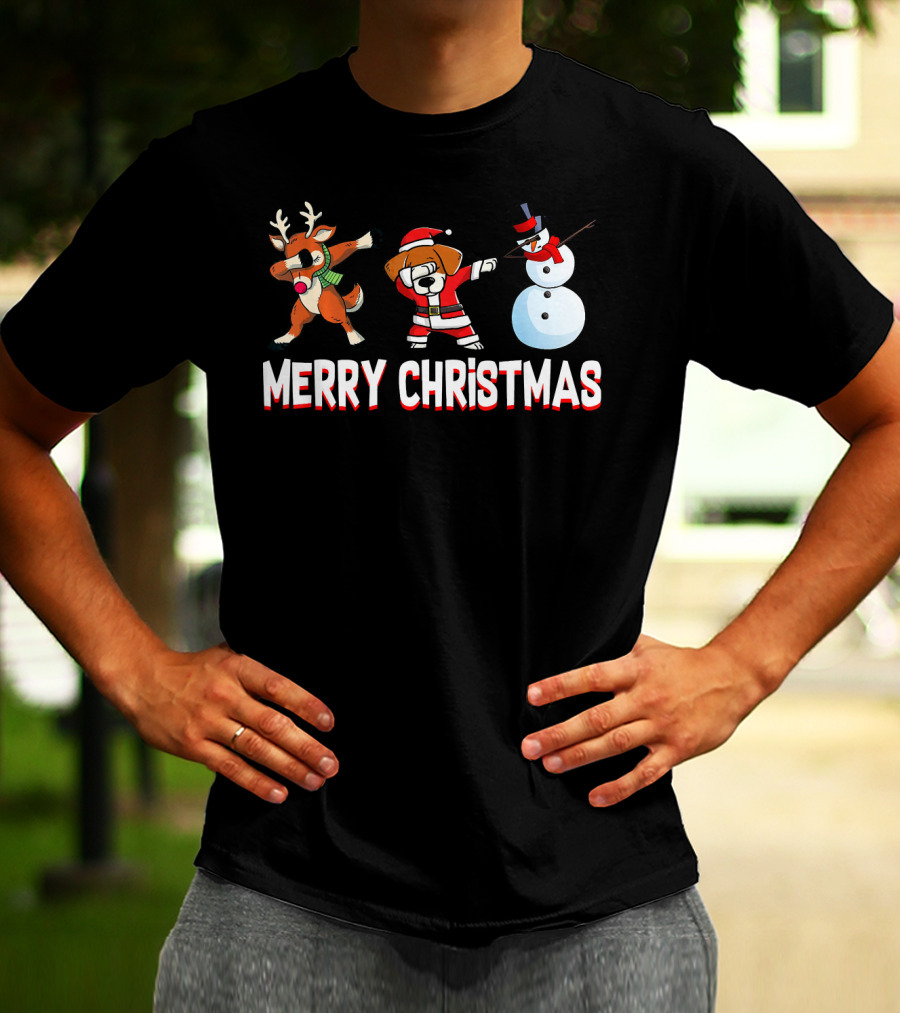 Merry Christmas Reindeer Santa Dog And Snowman T-Shirt