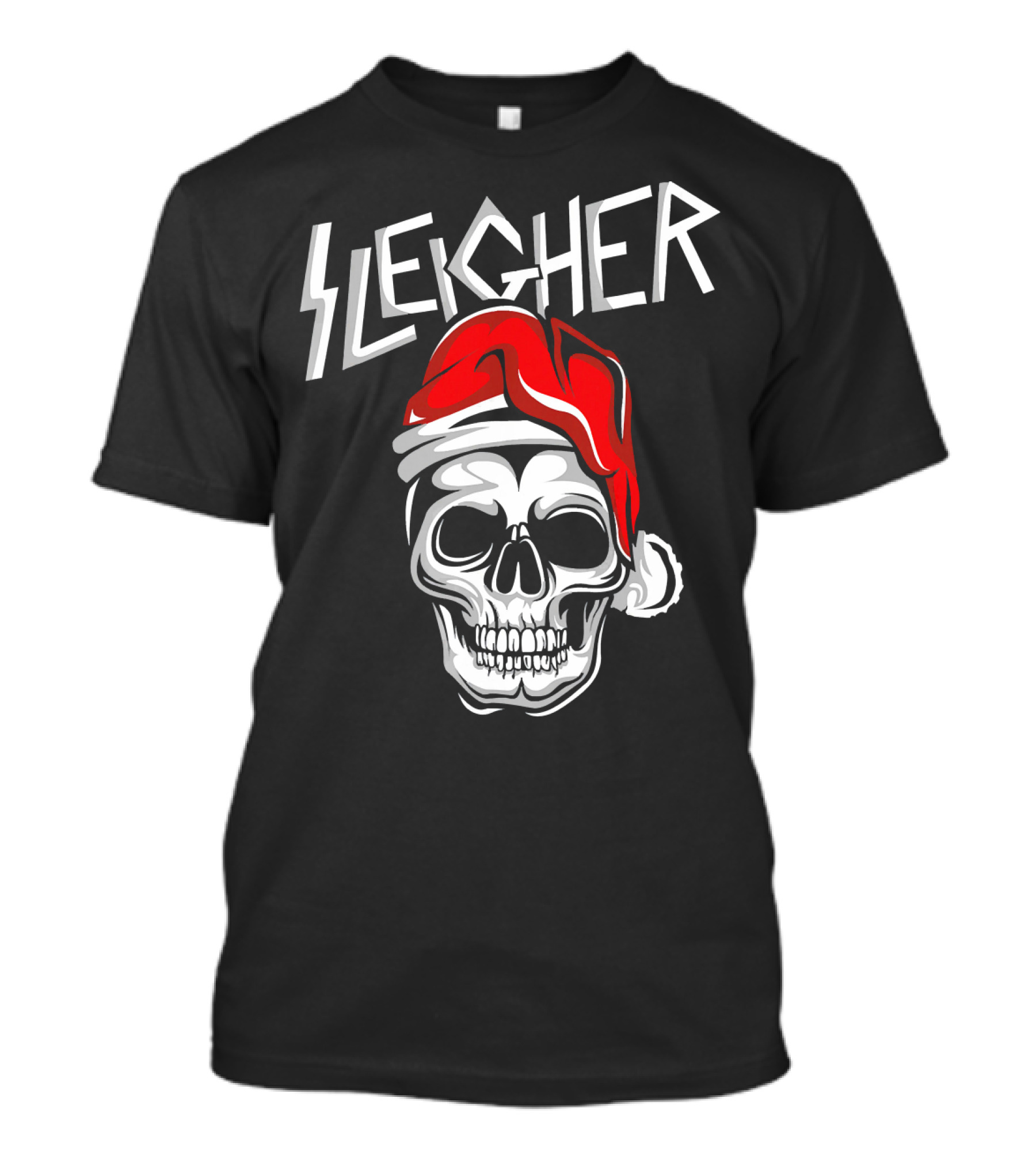 Sleigher Heavy Metal Music Skull With Santa Hat T-Shirt