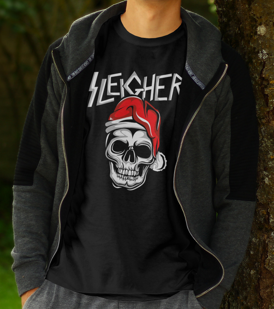 Sleigher Heavy Metal Music Skull With Santa Hat T-Shirt