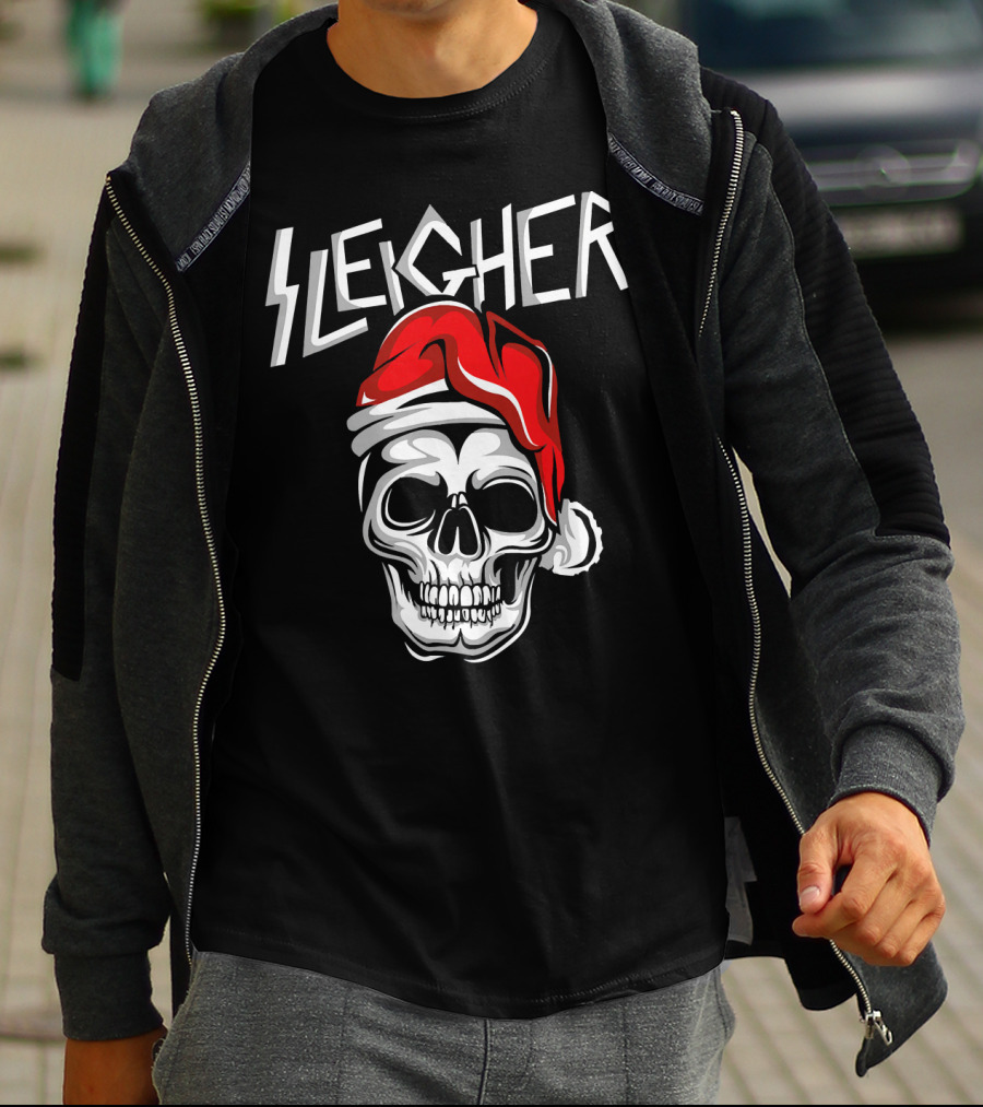 Sleigher Heavy Metal Music Skull With Santa Hat T-Shirt
