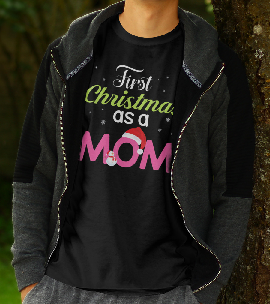 First Christmas As A Mom Snowflakes Santa Hat Snowman T-Shirt