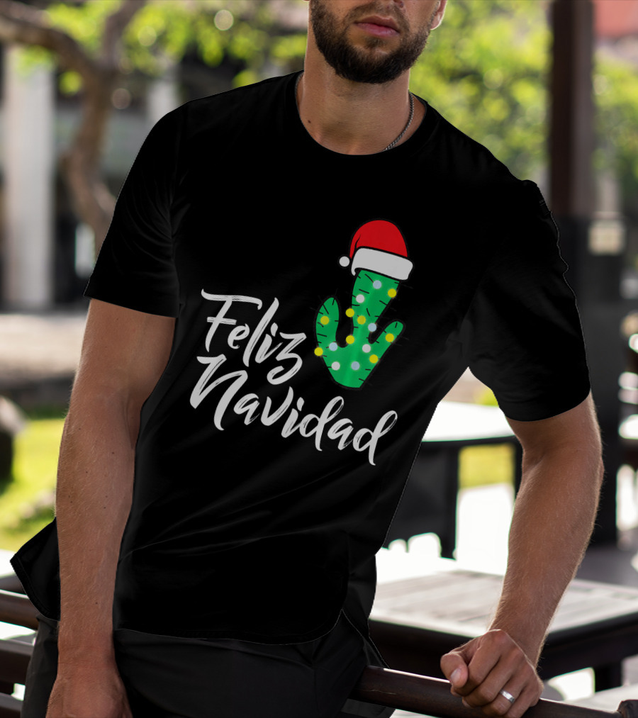 Feliz Navidad Cactus With Santa Hat And Christmas Lights T-Shirt
