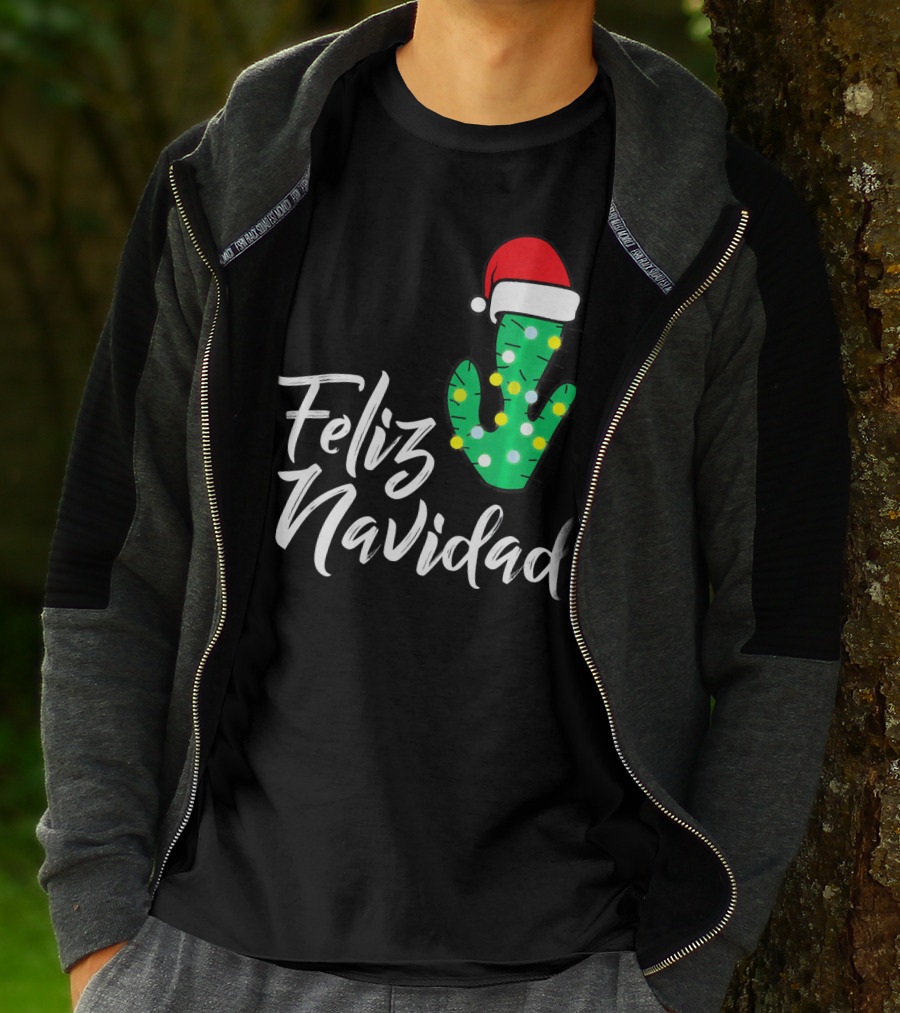 Feliz Navidad Cactus With Santa Hat And Christmas Lights T-Shirt