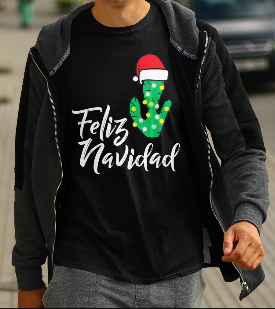 Feliz Navidad Cactus With Santa Hat And Christmas Lights T-Shirt