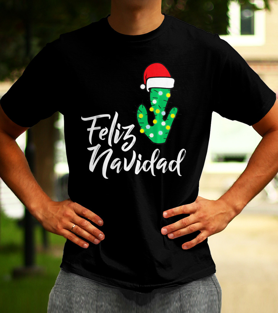 Feliz Navidad Cactus With Santa Hat And Christmas Lights T-Shirt