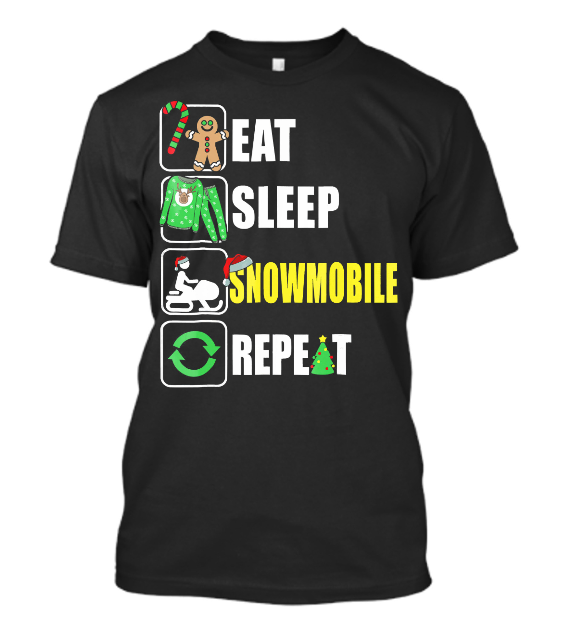 Eat Sleep Snowmobile Repeat Christmas Holiday Icons Gingerbread Sweater Candy Cane T-Shirt
